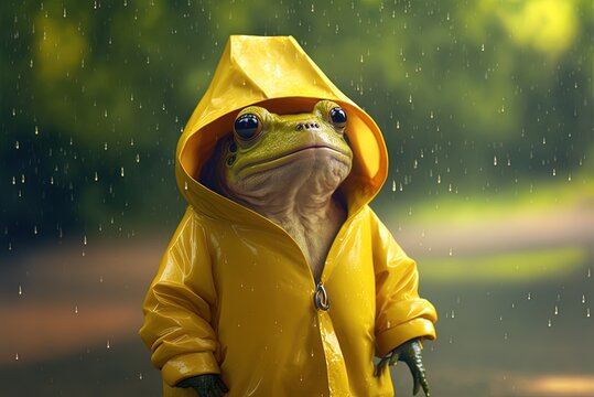 rainy frog joke, frog in a yellow raincoat. Generative AI