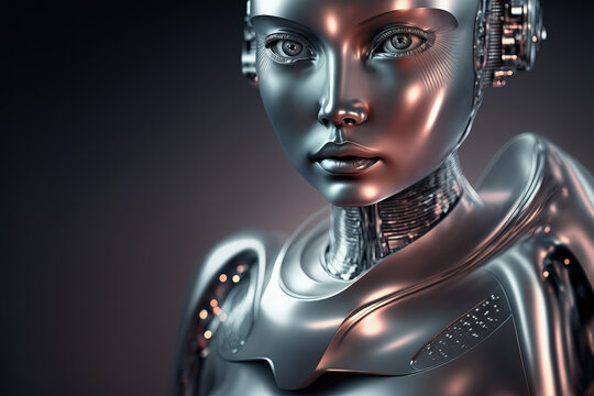 Portrait of a retrofuturistic female humanoid robot made of chrome. Generative AI.