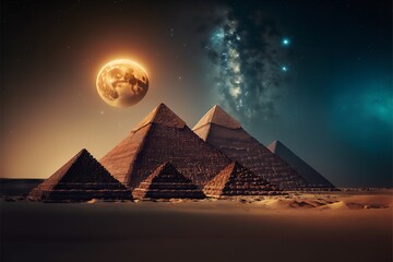 Pyramids at night, Cairo, Egypt. Fantasy Egyptian landscape, Generative AI.