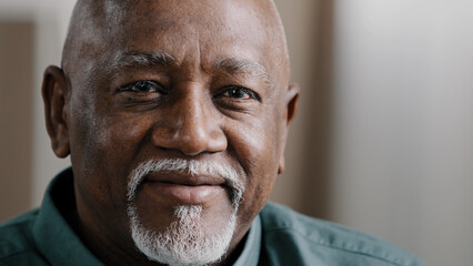 Close up African elderly male business worker portrait indoors in office old mature senior American man ethnic businessman looking at camera company CEO manager employer posing. Headshot grandfather