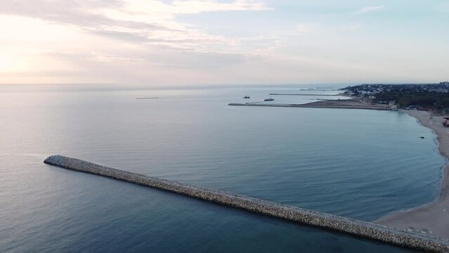 Aerial footage of Romanian travel destination at the Black Sea shore, town Eforie