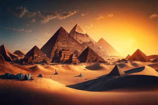 Pyramids at sunset, Cairo, Egypt. Fantasy Egyptian landscape, Generative AI.