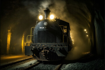 Fototapeta na wymiar Steam locomotive in a coal mine underground. Mineral resources for transportation.