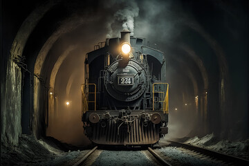 Steam locomotive in a coal mine underground. Mineral resources for transportation. - obrazy, fototapety, plakaty
