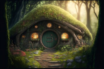 Hobbit house with overgrown roof in fantasy forest, Generative AI. - obrazy, fototapety, plakaty