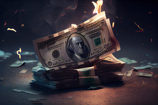 Inflation or burning money concept with dollar bill on fire. Generative AI.