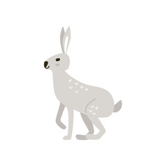 Cute cartoon isolated gray rabbits in Nordic style. Vector hand-drawn animals for nursery on red background.