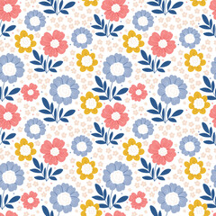 Obraz premium Seamless floral pattern with pink flowers and leaves on a blue background. Hand drawn style.Colored flat vector illustration. Repeating texture design.