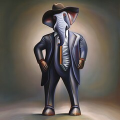 Portrait of an anthropomorphic elephant wearing a suit and hat. Expressionism style. Generative AI.