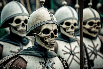 Obraz na płótnie Canvas Medieval army of undead. Skeletons in armor. Generative AI