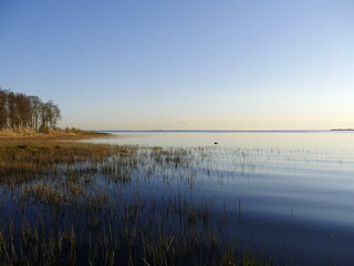 sunset blue lake, golden hour, silence and tranquility