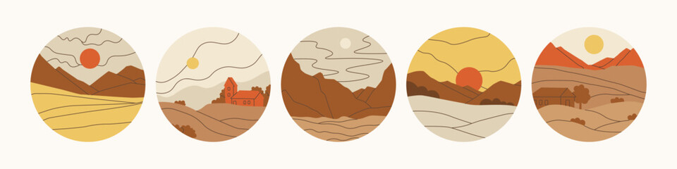 Rural landscapes in circles. Mountains, fields and meadows. Sky, sun and hills. Vector minimalistic illustrations in pastel colors for stickers, print, logos and highlight.