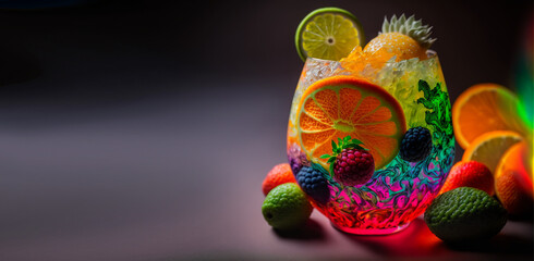 Detailed shot of cocktail with various fruits in an eye-catching pattern and shallow depth of field. Generative AI