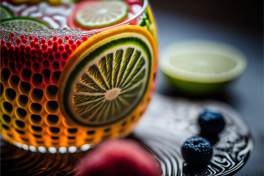 Close-up of colorful cocktail with fruits arranged in a pleasing pattern and shallow depth of field.  Generative AI