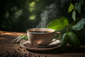A side view of a steaming cup of coffee, with a background of coffee beans, arranged on a wooden table with a background of green leaves. Generative AI