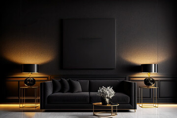 Black luxury living room, mock-up interior, Generative AI
