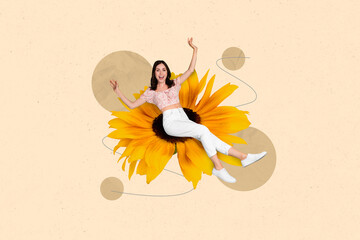 Creative poster collage of young beautiful adorable woman sitting sunflower big flower spring summer harvest bizarre unusual fantasy © deagreez
