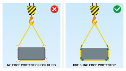Workplace safety do's and dont's vector illustration. Unsafe work condition and act. Lifting work without edge sling protection. - obrazy, fototapety, plakaty