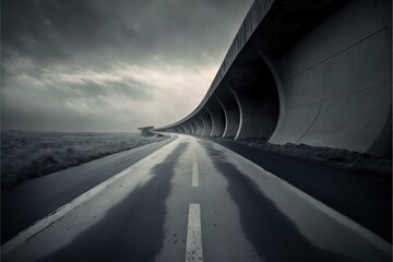 Concrete road, gloomy path, cloudy sky, concrete bridge. AI