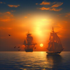 Fototapeta premium A boat silhouette is floating on a calm sea and seagulls are flying on twilight sky with sunset sun background - generative ai