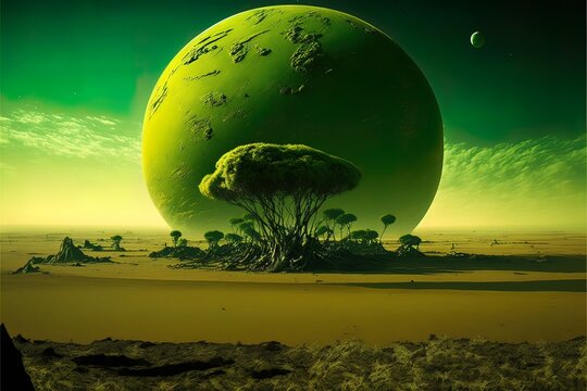 Planet over desert landscape, green neon, desert. AI