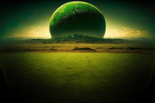 Planet over desert landscape, green neon, desert. AI