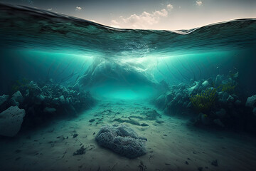 Fototapeta na wymiar Ocean depth. Underwater empty landscape, ocean bottom, sea wave. AI