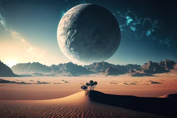 Foto op Plexiglas Planet over the desert, sunset, red planet. AI © MiaStendal