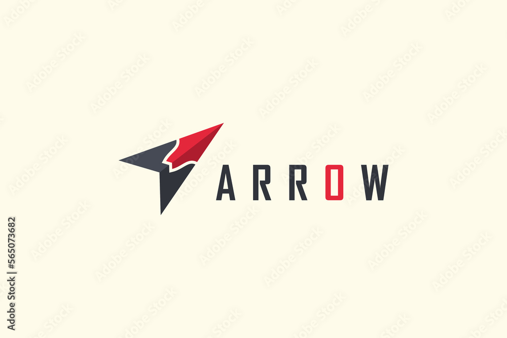 Poster arrow logo. black and red geometric arrow shape origami style isolated on white background. flat vec