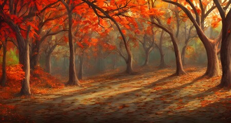Naklejka na ściany i meble 秋の紅葉した森の背景_38