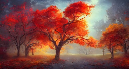 Naklejka na ściany i meble 秋の紅葉した森の背景_31