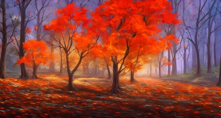 Naklejka na ściany i meble Forest Background with Autumn Leaves _10