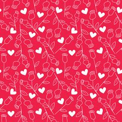 Drawn Heart Rose cute Seamless pattern, love design on red background, Valentine's day Texture