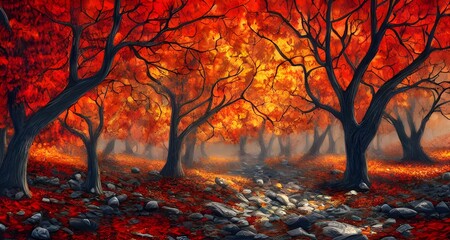 Naklejka na ściany i meble Forest Background with Autumn Leaves _06