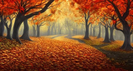 Naklejka na ściany i meble Forest Background with Autumn Leaves _05