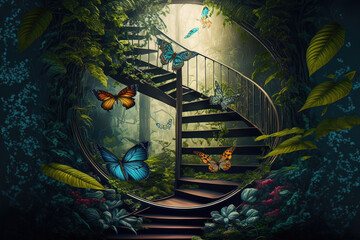 Tropical forest and stairs in the center. Forest fantasy landscape. AI