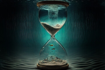 Hourglass at the bottom of the ocean. Seascape, time underwater. Fantasy. AI