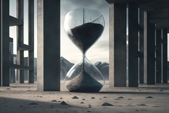 Hourglass on the background of an urban city. Fantasy. AI