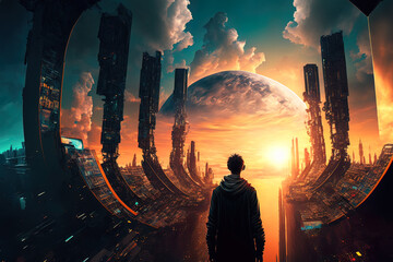 Plakat Fantasy futuristic cityscape of the Metaverse. AI