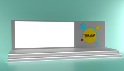 Conference Stage Designs. Meeting event scene, party scene design. Empty stage design for mockup and corporate identity, display. Platform elements in hall. 