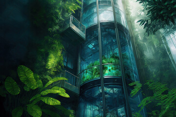 Tropical forest and glass elevator, fantasy landscape. AI