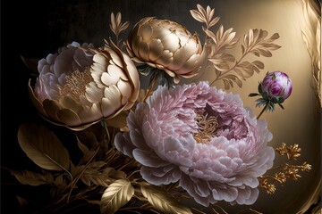 Obraz na płótnie Canvas Delicate light peony flowers, a bouquet of peonies with elements of gold. AI