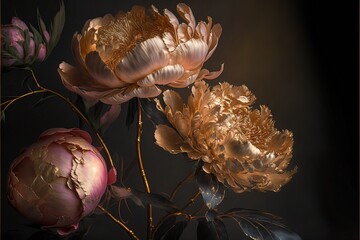 Delicate light peony flowers, a bouquet of peonies with elements of gold. AI