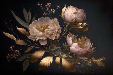 Delicate light peony flowers, a bouquet of peonies with elements of gold. AI