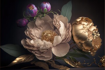 Obraz na płótnie Canvas Delicate light peony flowers, a bouquet of peonies with elements of gold. AI