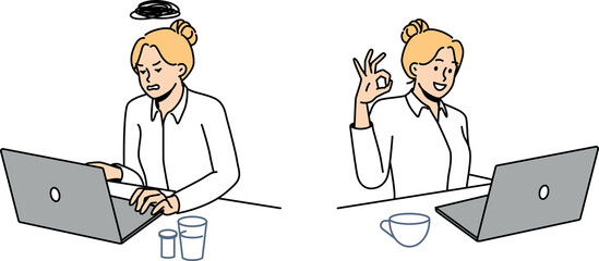 Businesswoman overwhelmed versus excited with computer job