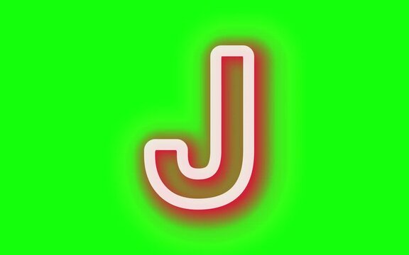3D red color neon letter J with stop motion effect, 3d latter of J animated in white color neon, 3d neon latter of J on green screen background