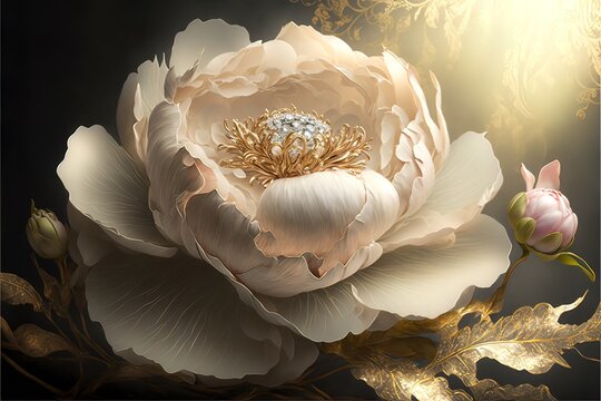 Delicate light peony flowers, a bouquet of peonies with elements of gold. AI © MiaStendal