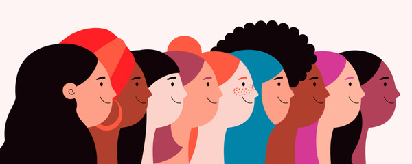 Beautiful diverse women, girls faces in profile. Flat style vector illustration. Female cartoon characters. Design concept for 8 March, Womens Day card, banner, poster. Feminism, gender equality
