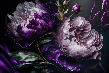 Obraz na płótnie Canvas Purple fantasy peonies with gold and magic elements. Luxurious purple flowers. AI